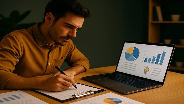 A man studies startup data on a laptop and writes notes, focusing on pie charts and growth graphs during pitch prep.