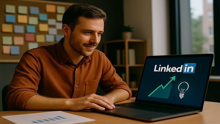Man smiling at laptop showing LinkedIn growth and idea icons, representing startup success and innovation strategy.