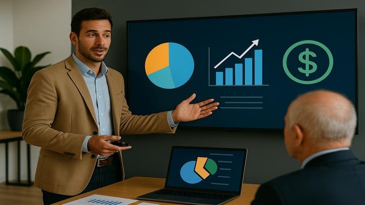 A businessman presents financial charts and market data to an investor, highlighting growth, revenue, and opportunities.