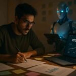 A man writes notes while an AI robot assists him with a laptop showing a "PITCH DECK" slide