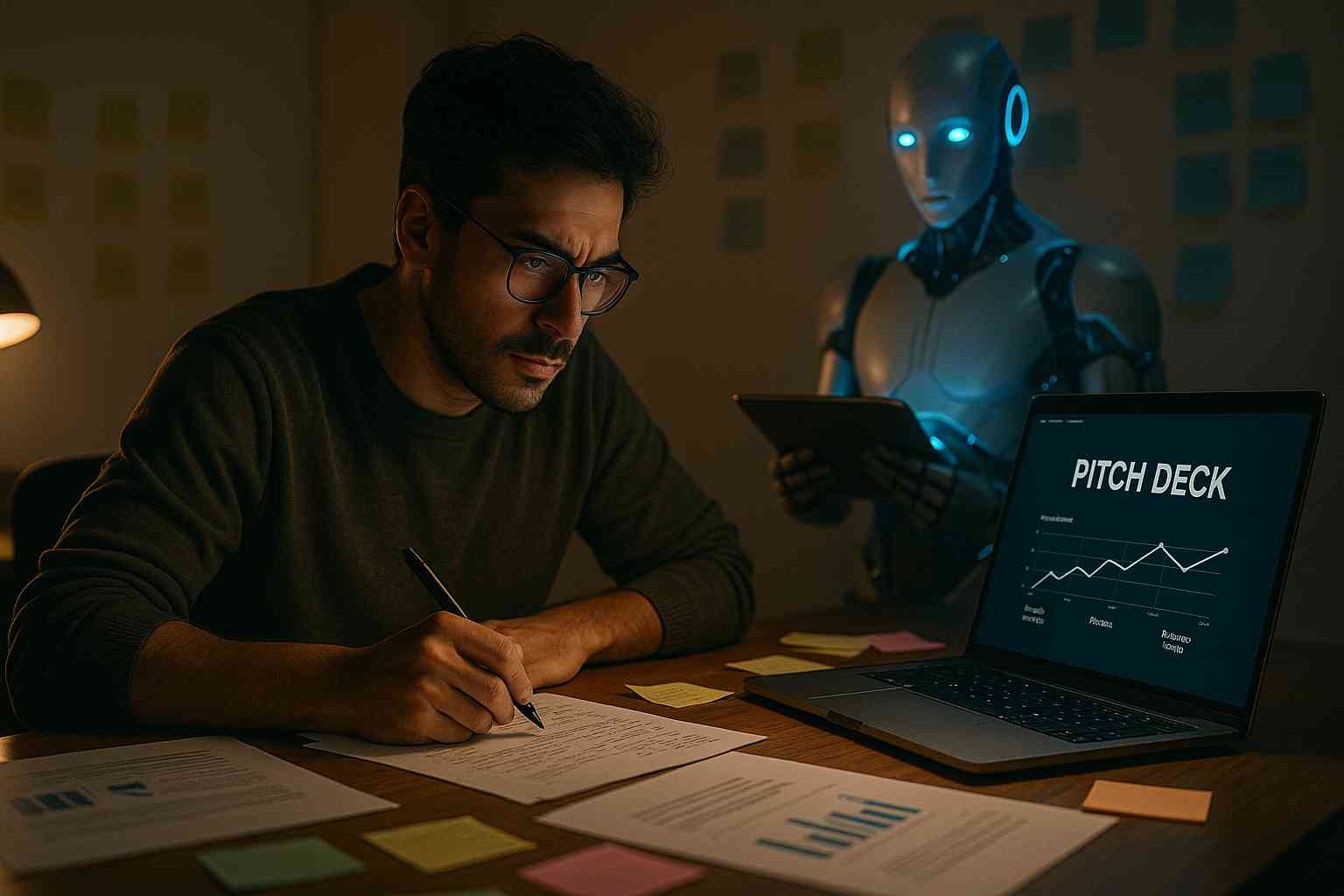 A man writes notes while an AI robot assists him with a laptop showing a "PITCH DECK" slide