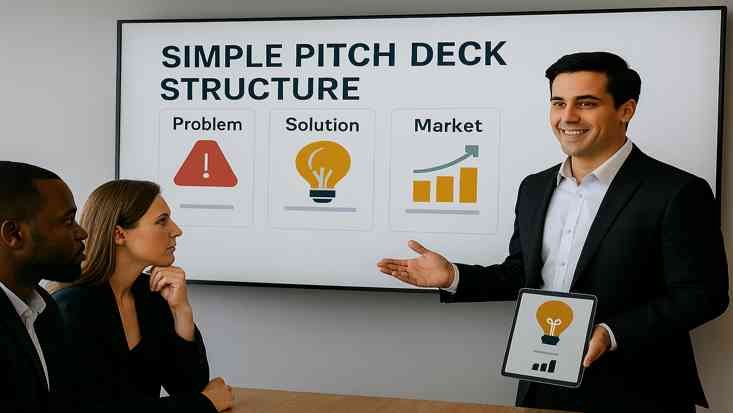 Businessman presenting a pitch deck to investors with AI visuals, in a modern office overlooking a city at night.