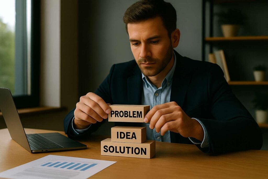 A man stacks wooden blocks labeled Problem, Idea, and Solution, symbolizing startup strategy and business planning steps