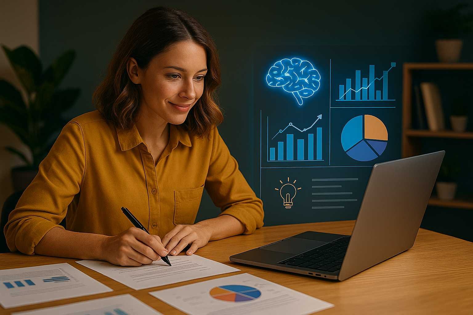 Smiling woman using AI insights on laptop to design a data-driven pitch deck with charts, graphs, and smart visuals.