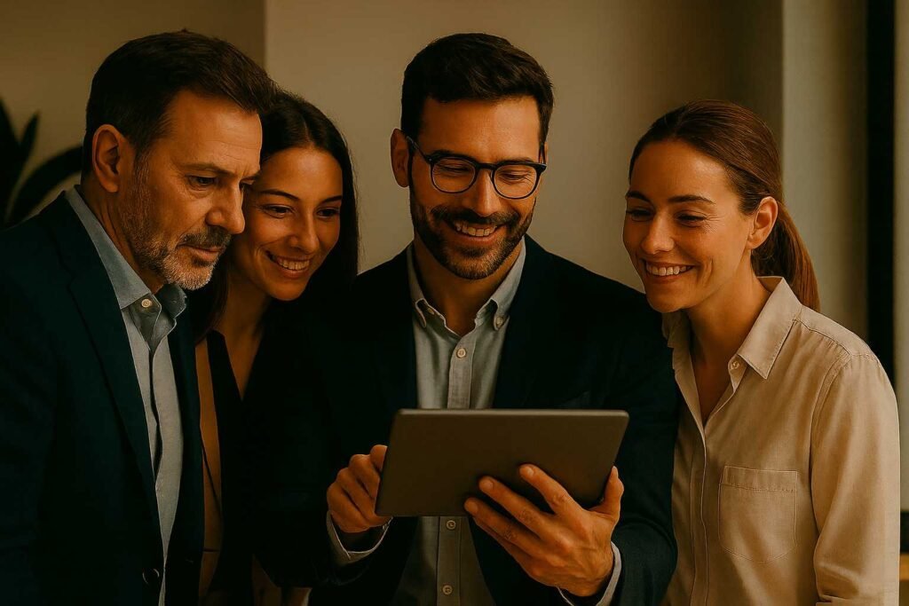 Four professionally dressed team members smiling and looking at a tablet during a startup pitch discussion.