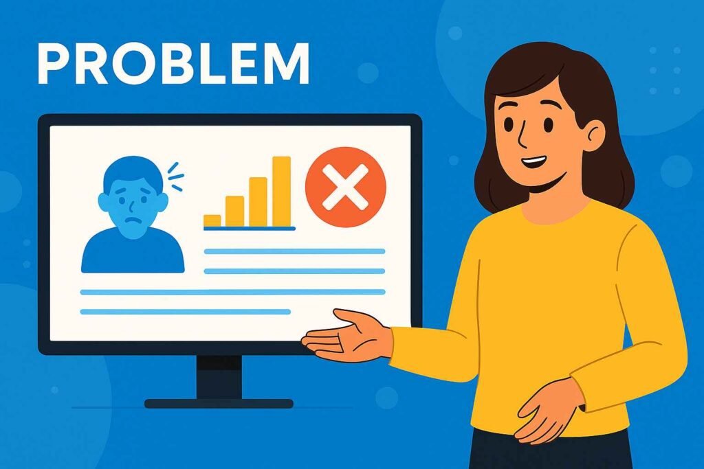 Woman presenting problem slide with sad face, bar chart, and error icon on screen under the title “Problem” in blue.