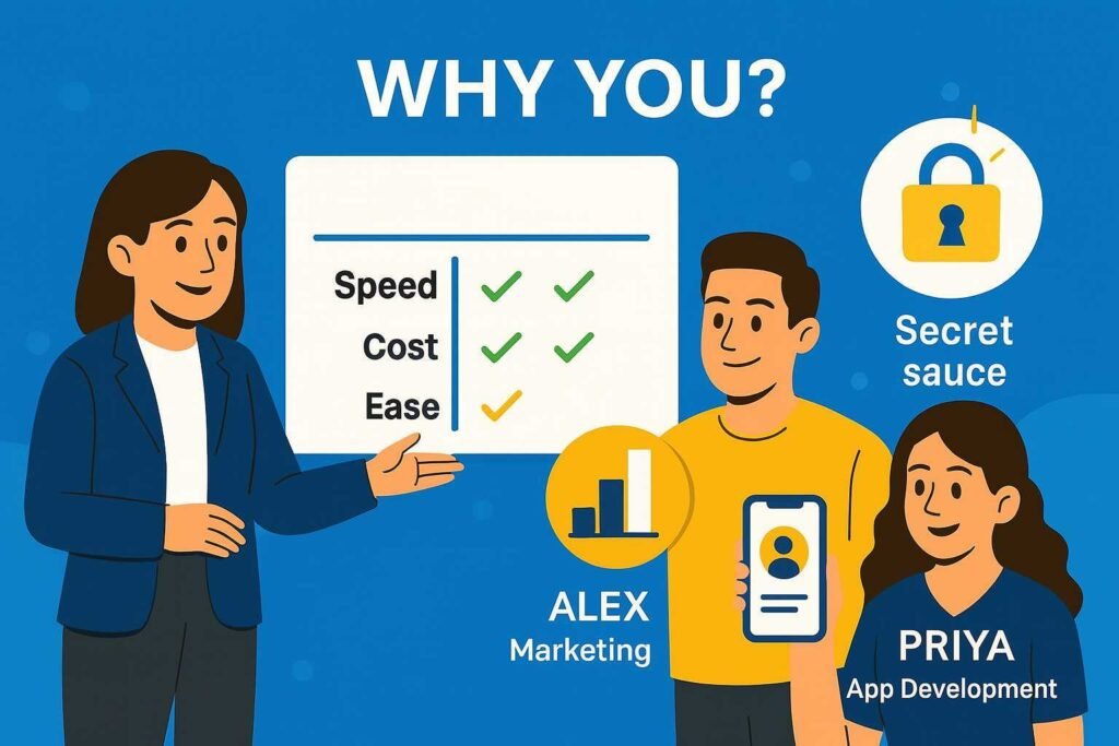 A team showcasing startup strengths with comparison chart, bar graph, app icon, and secret sauce lock icon on blue background.