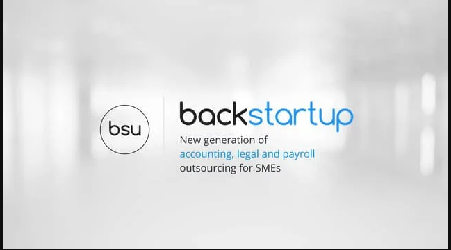 Introductory slide for "backstartup," an outsourcing service for accounting, legal, and payroll for small to medium enterprises.