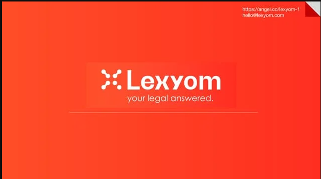 Orange screen with the Lexyom logo and tagline "your legal answered," with contact details in the top right corner.
