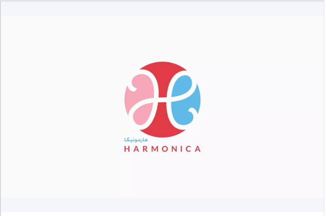 Harmonica logo with a stylized 'H' in pink and blue, surrounded by a red circle on a white background.