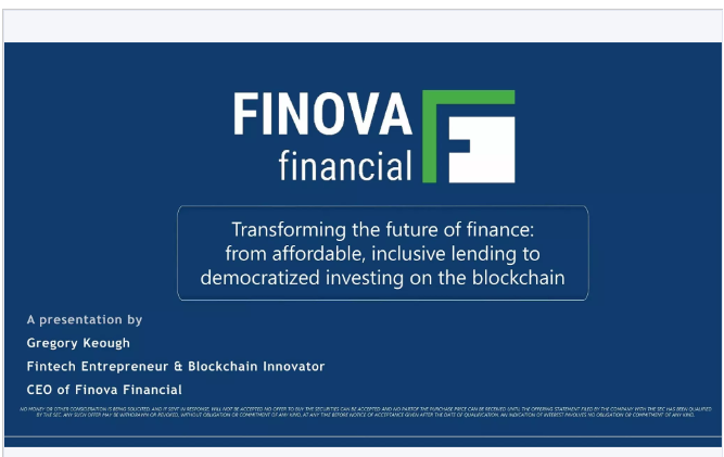Slide from a presentation by Finova Financial about transforming the future of finance through blockchain and lending.