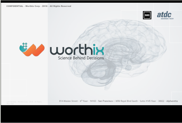 Introductory slide for Worthix, a company focused on "Science Behind Decisions," featuring a brain illustration.