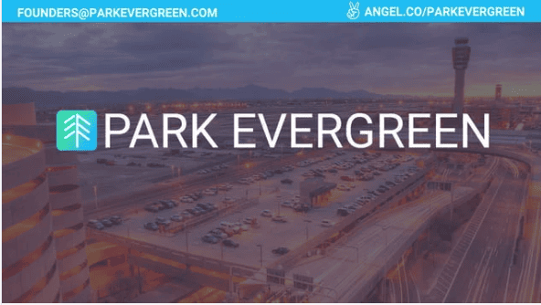 Park Evergreen logo over an aerial night shot of a busy airport parking lot, with contact details.