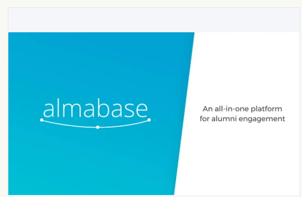 Almabase logo and tagline on a turquoise and white background, an all-in-one platform for alumni engagement