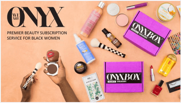 We Are Onyx, a beauty subscription service for Black women, with a selection of makeup and hair products shown.