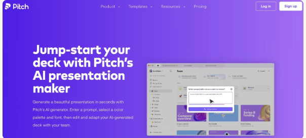 Website landing page for Pitch's AI presentation maker, showcasing the application interface on a desktop screen.