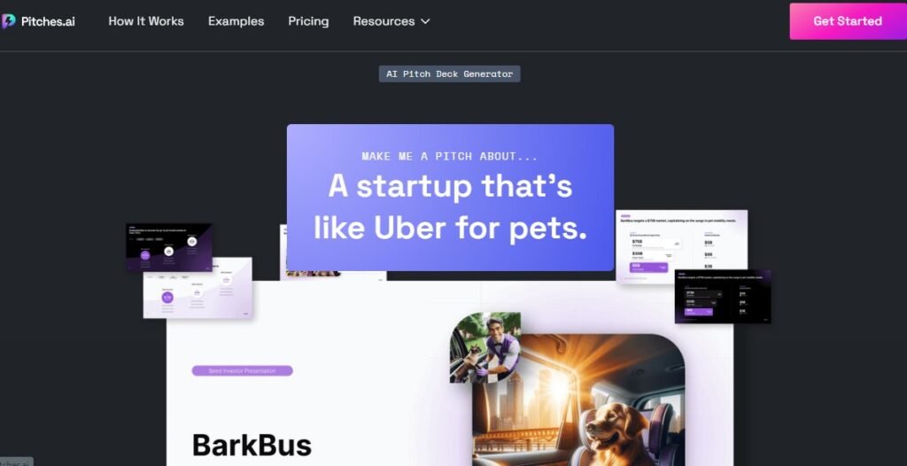 Pitch Deck Generator website showing a user prompt for an "Uber for pets" startup and a resulting presentation slide.