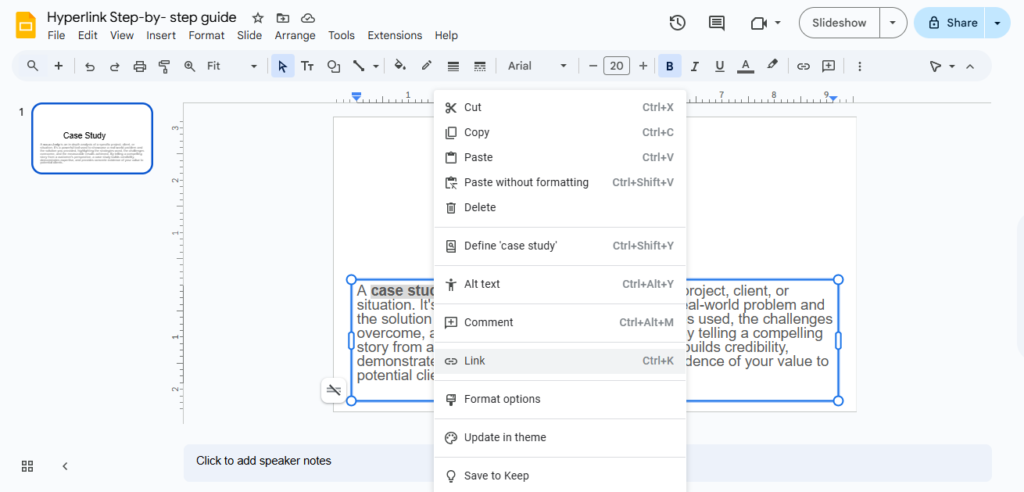 A screenshot of Google Slides showing a right-click context menu with the "Link" option for a selected text box.