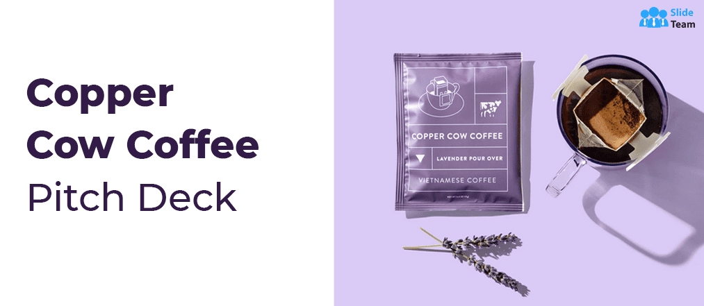 Product slide from Copper Cow Coffee Pitch Deck showing a purple coffee packet and a pour-over coffee cup.