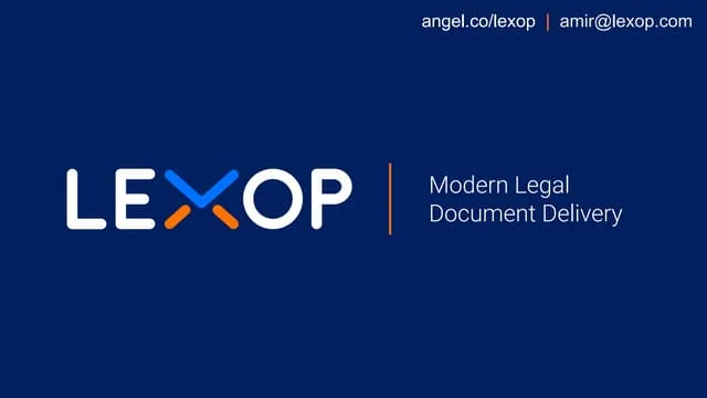 Logo slide for Lexop, a modern legal document delivery company, with contact information on a blue background.
