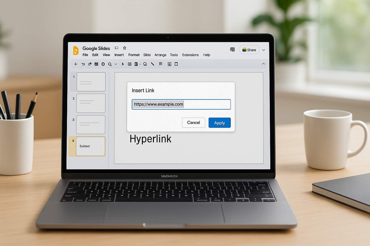 A close-up of a laptop screen showing a Google Slides presentation with a hyperlinking pop-up box.