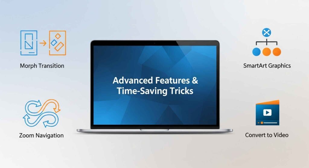 A diagram of a laptop surrounded by icons representing advanced PowerPoint features like morph, SmartArt, and zoom navigation.