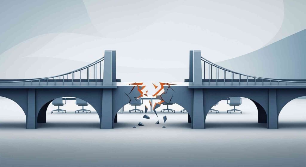 A stylized broken bridge with office chairs and desks in a sleek background theme.