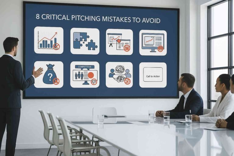 A large screen displays "8 Critical Pitching Mistakes to Avoid," with icons and a presenter talking to a seated audience.