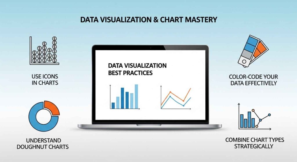 A screenshot of a laptop displaying a presentation about data visualization and chart mastery with various icons and graphics.