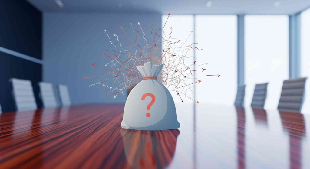 A graphic of a money bag with a question mark on a boardroom table, with arrows bursting from the top.