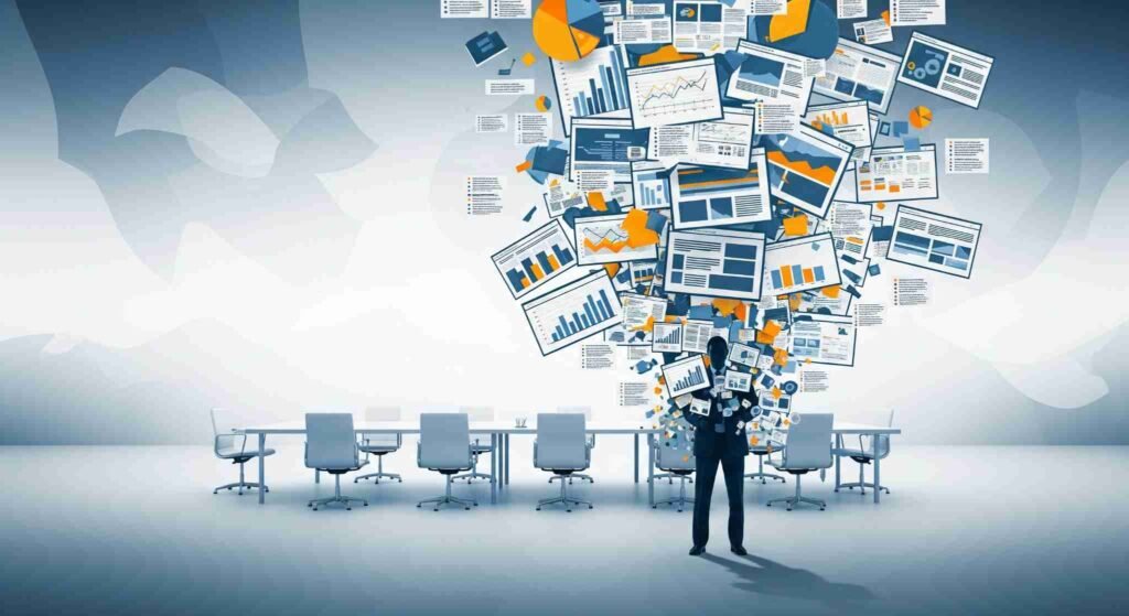 A stylized abstract illustration of a professional standing in a boardroom, overwhelmed by a flood of documents and charts.