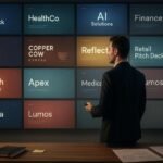 A man in a suit stands before a large screen displaying various colorful startup pitch deck slides in a modern office.