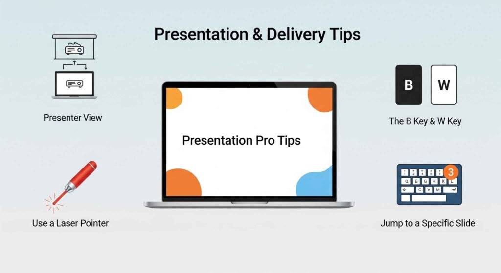 A presentation slide showing pro tips for presentation and delivery, including presenter view, laser pointers, and keyboard shortcuts.