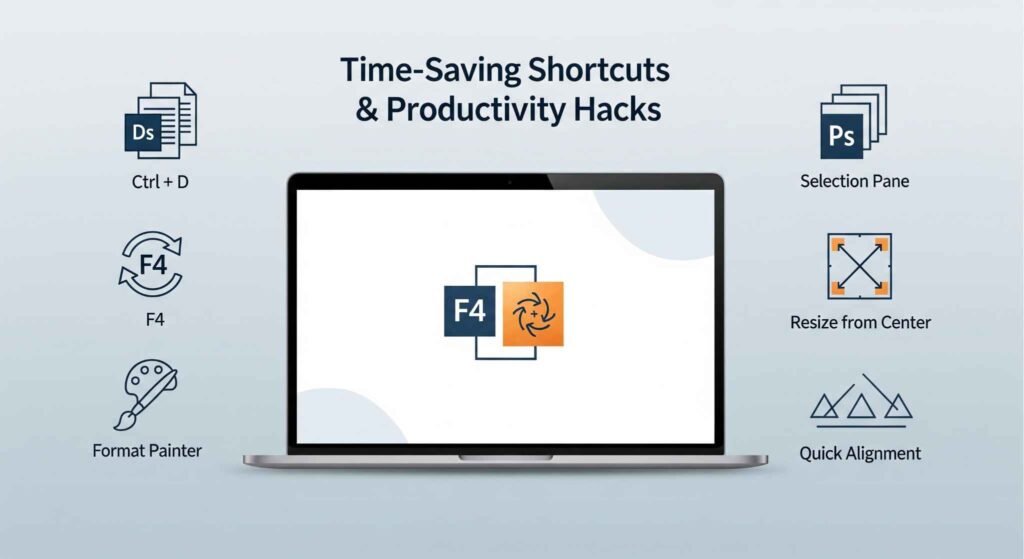 A diagram showing time-saving shortcuts and productivity hacks, with icons for common design and editing tasks on a laptop screen.