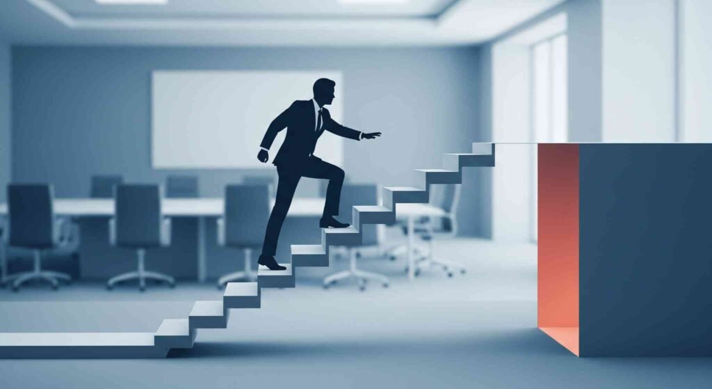 A person stands at the bottom of a staircase that forms a winding path up to a bright light.