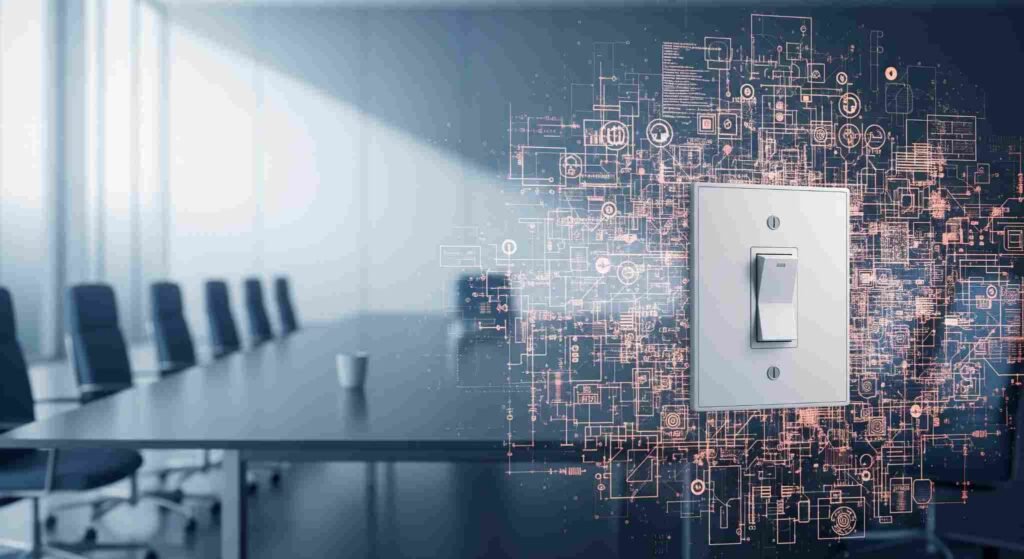 A light switch on a wall with glowing circuits, with a blurred image of a boardroom table in the background.