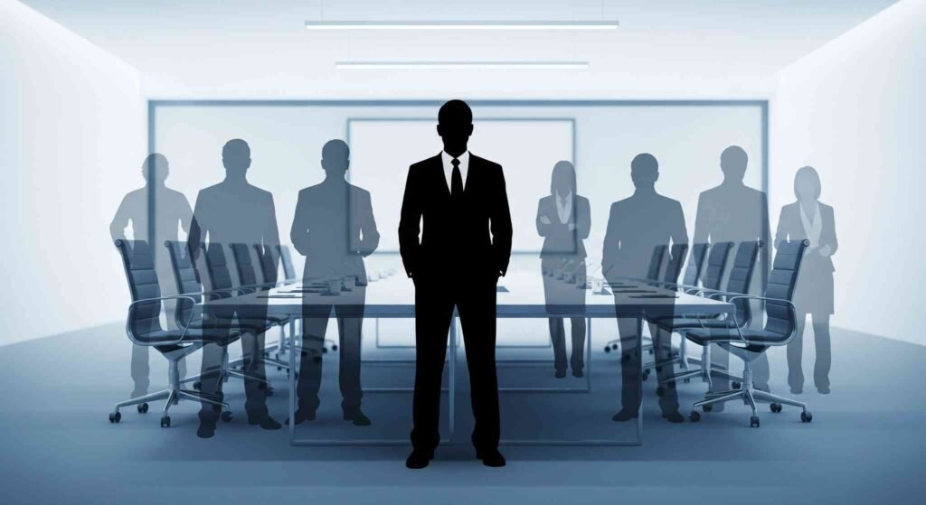 A dark silhouette of a leader standing in a boardroom with the faint, ghostly outlines of a team behind them.