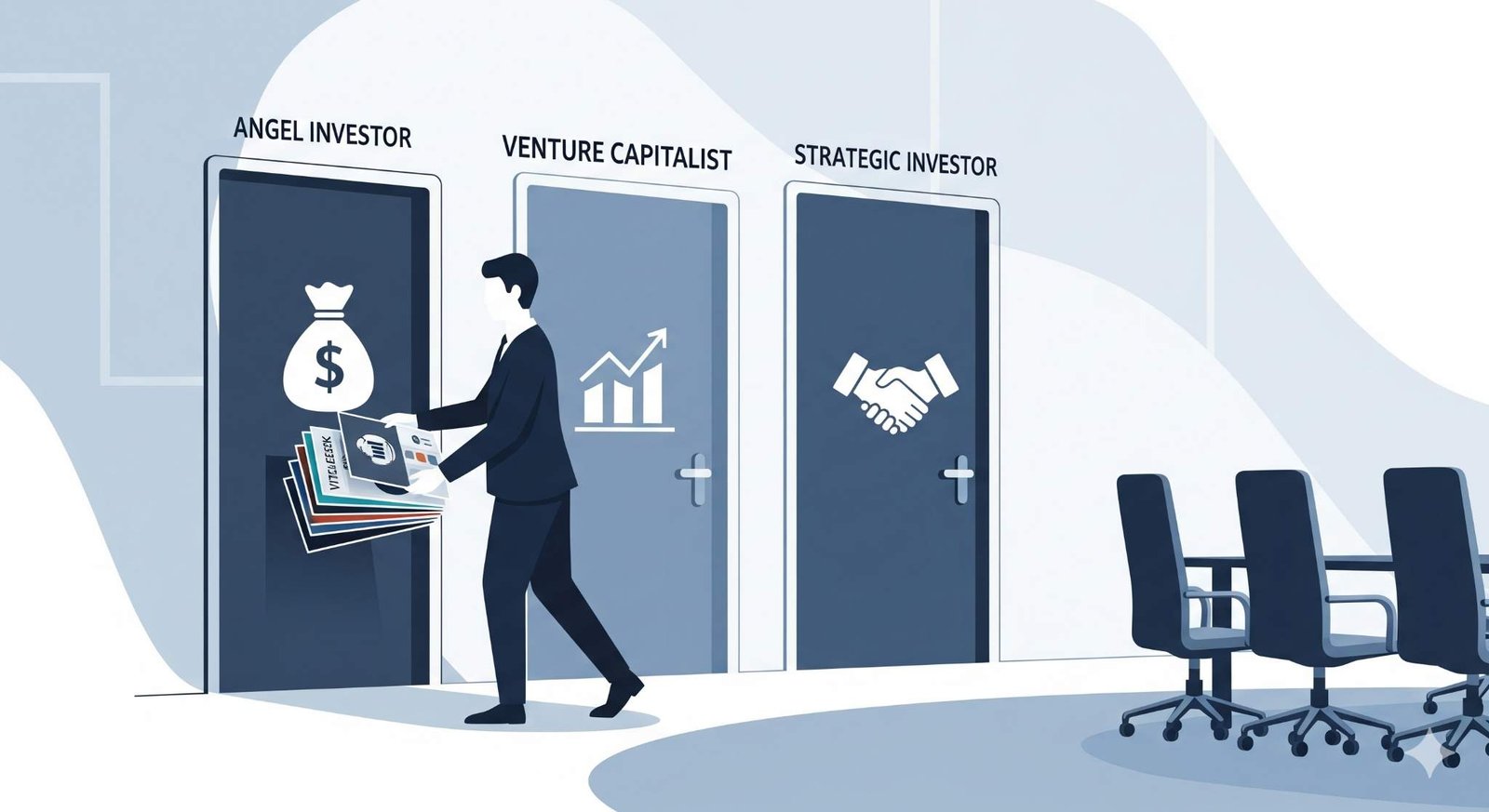 Man presenting pitch decks at doors labeled Angel Investor, Venture Capitalist, and Strategic Investor.