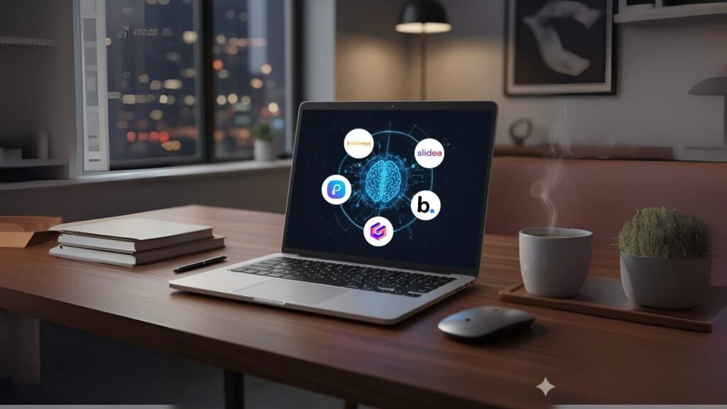 Laptop on desk showing AI-powered pitch deck design tools with SlideEgg and Slidea logos for investor presentations.