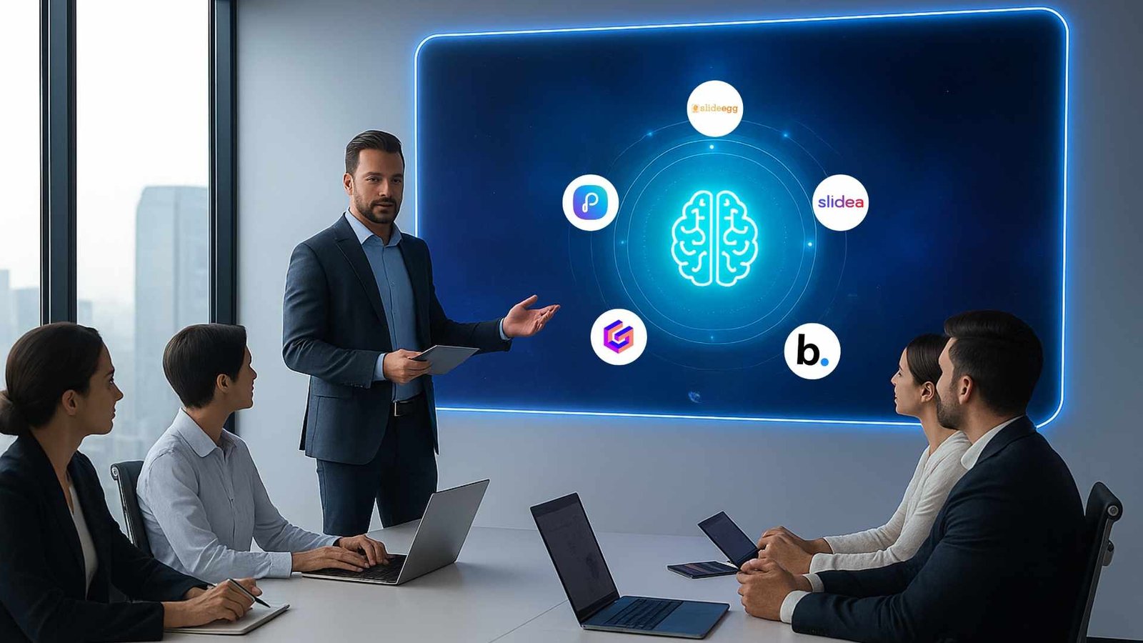 Business team in a meeting with AI-powered pitch deck visuals on screen, showcasing future presentation design tools.