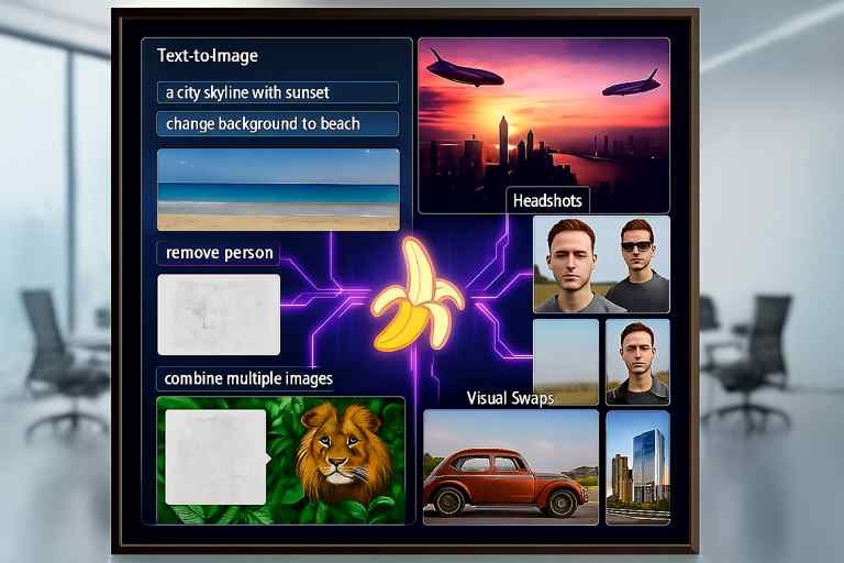 AI image editing features showing text-to-image, headshots, background change, removals, visual swaps, and combinations