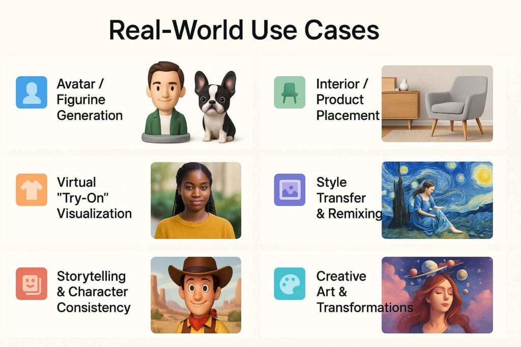 Real-world AI use cases showing avatars, virtual try-on, style transfer, product placement, and creative art