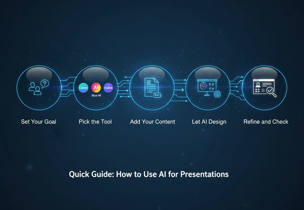AI presentation guide with steps: set goal, pick tool, add content, let AI design, refine and check results.