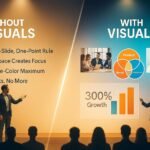 Presentation comparing slides with and without visuals, showing charts, team photo, and 300% growth bar graph.