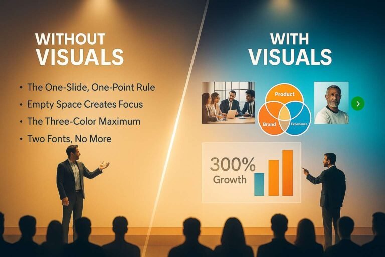 Presentation comparing slides with and without visuals, showing charts, team photo, and 300% growth bar graph.