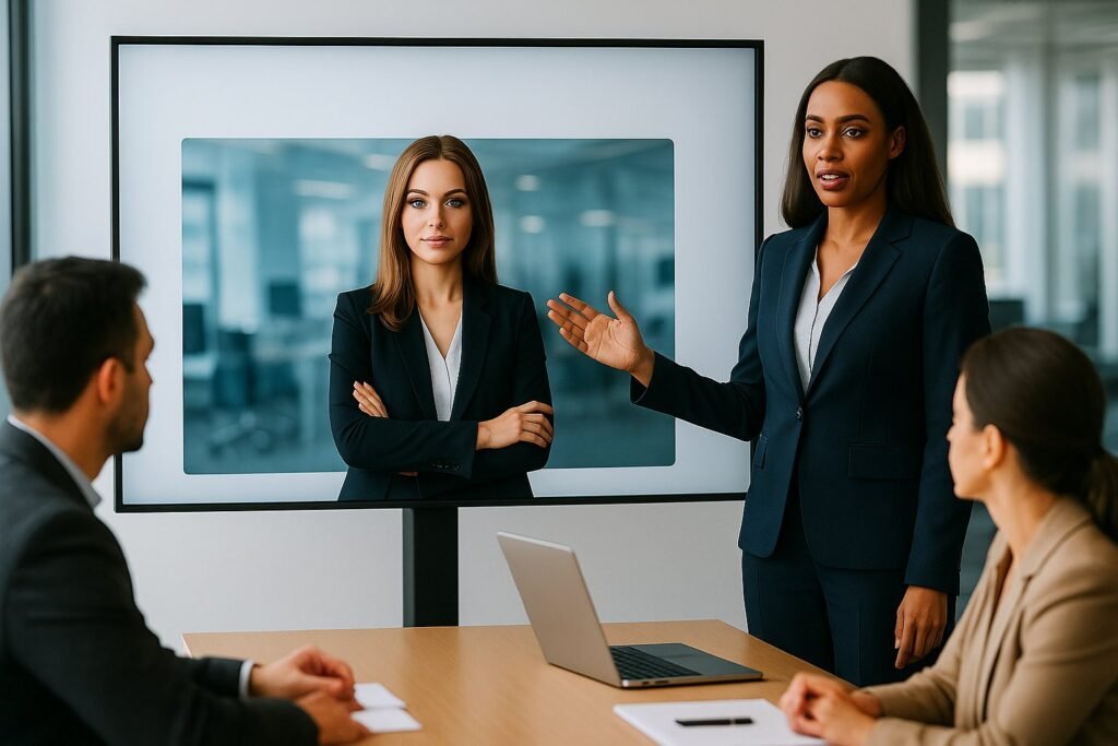 Professional woman presenting in a meeting with business team and screen display in office boardroom.