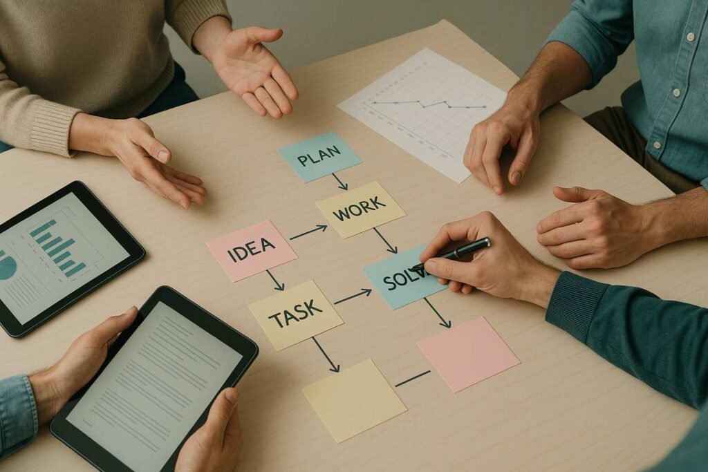 Team members working on a flowchart with colorful notes labeled Idea, Plan, Work, Task, and Solution.
