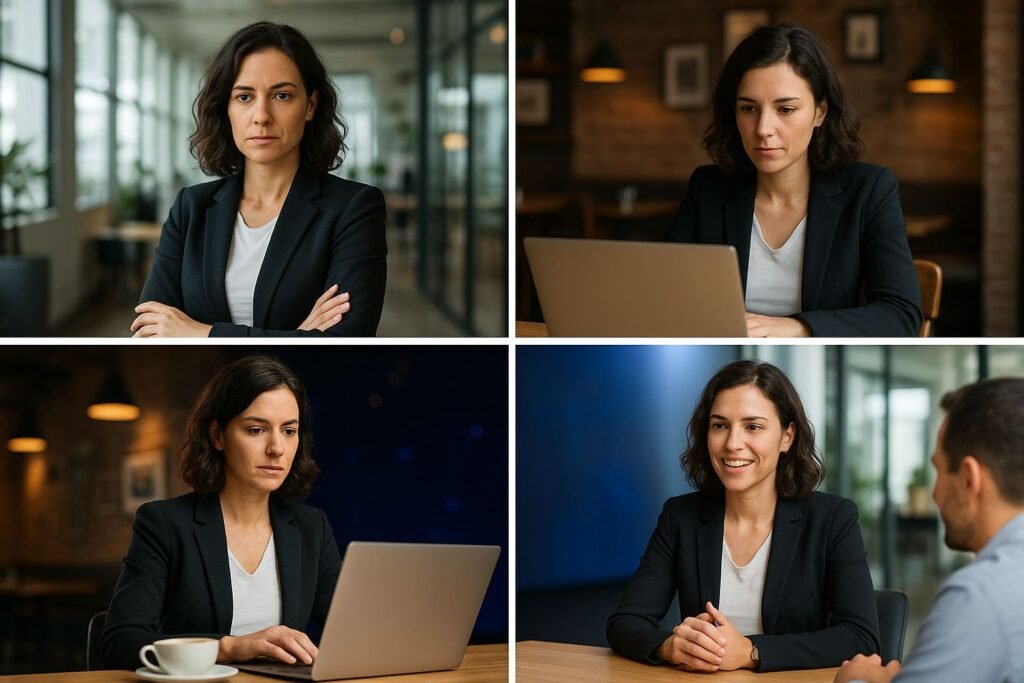 A woman in different scenes working on a laptop and talking, showing consistent character across settings.