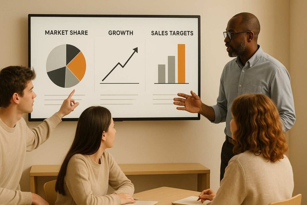 Team in a meeting discussing market share, growth, and sales targets with charts displayed on a screen.