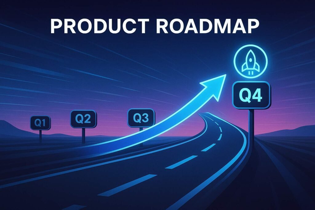 Futuristic roadmap with glowing arrow moving through Q1 to Q4, symbolizing a product growth journey.